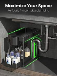 Double-Layer Under Sink Storage Rack With Smooth Pull-Out Mesh Basket Drawer, Double Storage Space Organizer With Side Hooks And Detachable Storage Cup, Pull-Out Cabinet Organizer For Kitchen And Bathroom Cleaning Supplies - Black - View 6