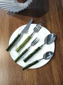 Stainless Steel Acrylic Bamboo Handle Western Style Knife Fork Spoon Dessert Spoon Fruit Fork - Green - View 19