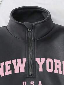 Young Girl Letter Print Stand Collar Long Sleeve Sweatshirt And Pants - Dark Grey - View 3