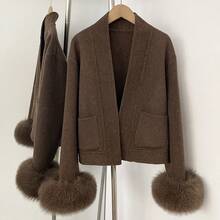 OFTBUY Women's Fashion Brown Wool Fur Shawl Collar Short Coat With Contrast Faux Fur Cuffs, Perfect For Autumn/Winter - Coffee Brown - View 2