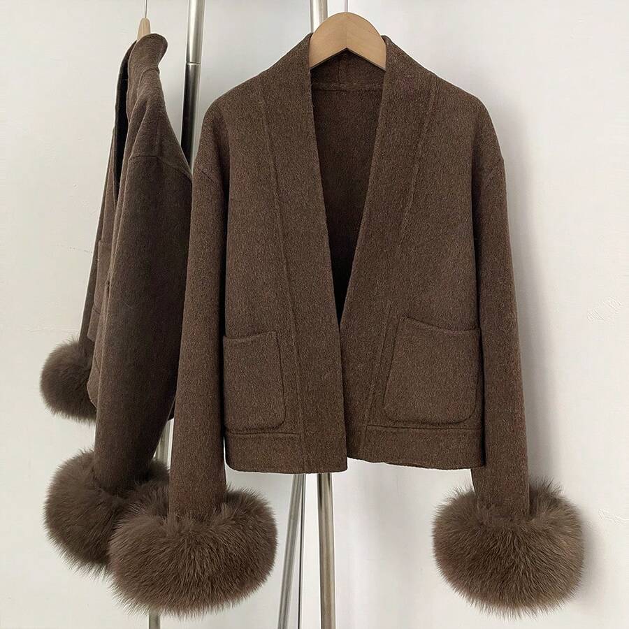OFTBUY Women's Fashion Brown Wool Fur Shawl Collar Short Coat With Contrast Faux Fur Cuffs, Perfect For Autumn/Winter