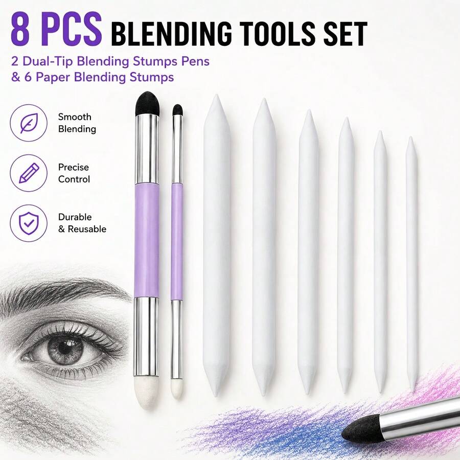 Set 8 Alat Sketsa dan Pencampur Warna, Kuas Spons dan Alat Pencampur Warna Kertas, Cocok untuk Pelajar dan Seniman yang Menggambar dengan Arang. - Blender gambar 8 bagian - View 1