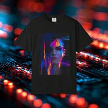 Cyberpunk-Grafik-T-Shirt / Neon-Glitch-Porträt / Unisex  1717 - Schwarz - Übersicht 6
