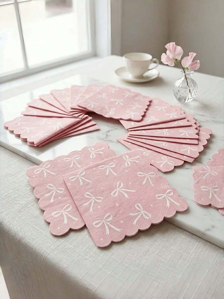 20Pcs Pink Bow Theme Party Napkins, Disposable Paper Tissue For Wedding Birthday Mother's Day Decor - Bow-shaped Tissue - View 1