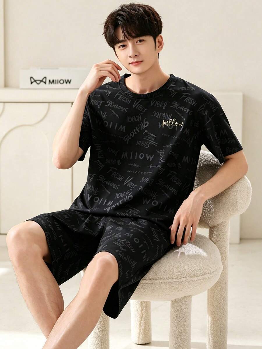AICJ Set Piyama Pria 2 Potong Kasual dengan Motif Huruf, Kerah Bulat, Lengan Pendek, dan Celana Pendek, Cocok untuk Musim Semi dan Musim Panas - Hitam - View 1
