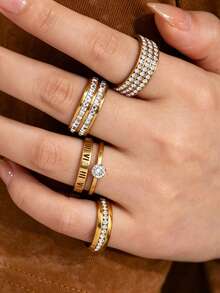 4pcs/Set Stainless Steel 18K Gold Plated Rhinestone Rings, Fashion Exquisite Versatile Double Row Full Zirconia Single Row Zirconia Roman Numeral Double Layer Single Diamond Women's Luxury Stackable Ring Set, Daily Commute Date Gift Jewelry Set - Gold - View 1