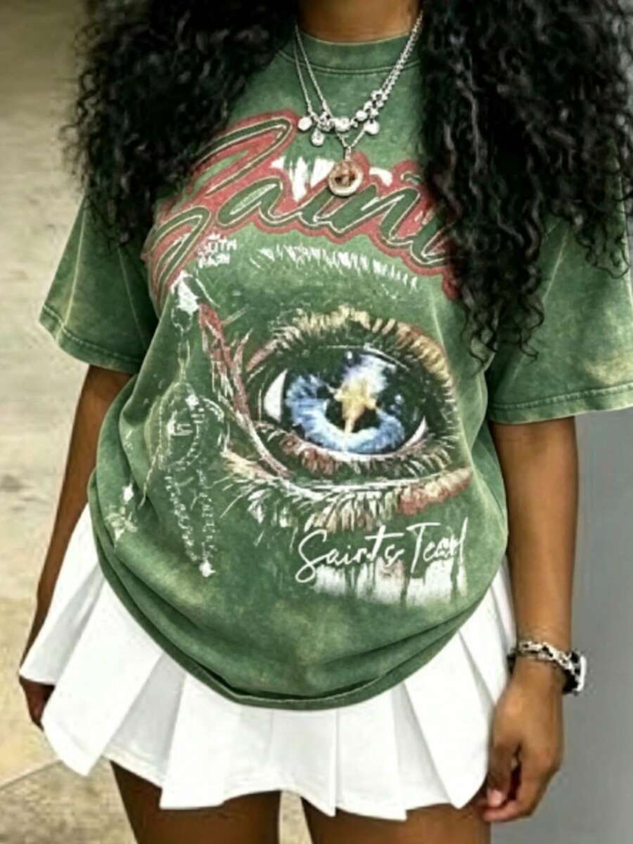 Cotton Clothes Y2K-Inspired Letter Print T-Shirt,Casual Crew Neck Short Sleeve, Perfect For Spring Summer Fall, Fashion Streetwear Unisex, Graphic Tee - 綠色1 - 查看 1