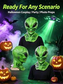 Full Head Green Alien Latex Mask, Realistic Extraterrestrial Cosplay Mask, Breathable Halloween Party Dress Up Prop, Funny Prank Gift Photography Booth Prop For Adults Men - Multiple Styles - View 3