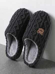 Unisex Plush Slippers, Cartoon Bear Design, Soft Bottom, Indoor, Anti-Slip, Warm Lining, Suitable For Couples, Women & Men, Size 36-45, Autumn/Winter - Grey - View 2