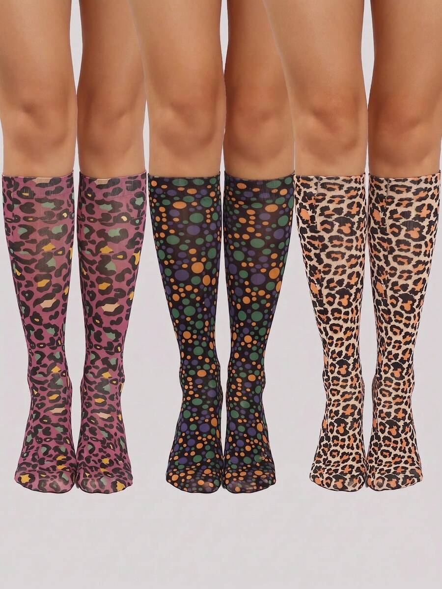 3 đôi tất bắp chân họa tiết da báo, tất nữ bắp chân họa tiết da báo, tất nén unisex - Nhiều màu - Xem 1
