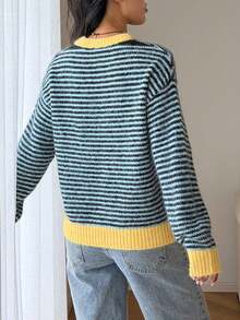 女款優雅時尚甜美軟糯保暖度假約會通勤拼色毛絨寬鬆針織毛衣，秋冬款 - 藍色 - 查看 2