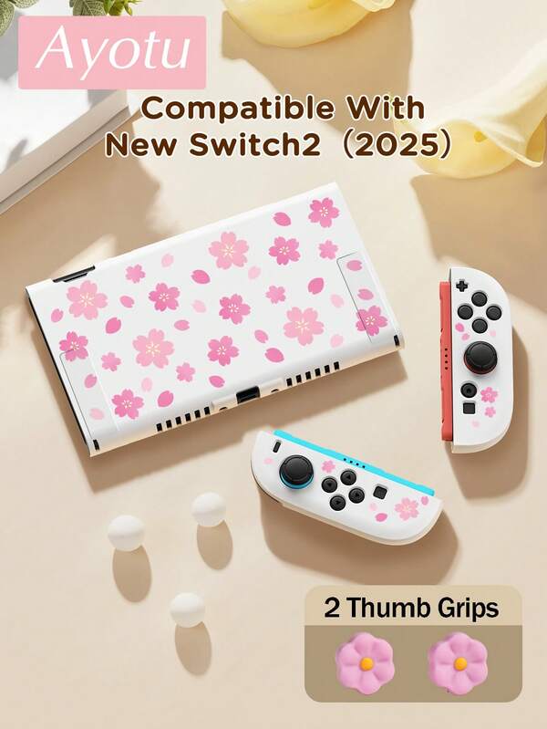 Ayotu Cherry Blossom & Petal Pattern Switch Protective Case, Compatible With New Switch 2 (2025)/Switch NS/Switch OLED/Switch Lite, Can Be Installed Into Dock Without Removing Case, Universal Game Controller Protective Cover, Includes 2 Controller Caps, Switch Game Accessories, Anti-Drop Anti-Scratch, Spring Romance/Back To School Gift/Valentine's Day Gift
