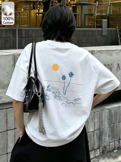 Oversized-T-Shirt aus Baumwolle mit Küsten-Line-Art-Palmen und gelbem Sonnen-Print, entspannte, kastige Passform mit überschnittenen Schultern, atmungsaktive 100 % Baumwolle