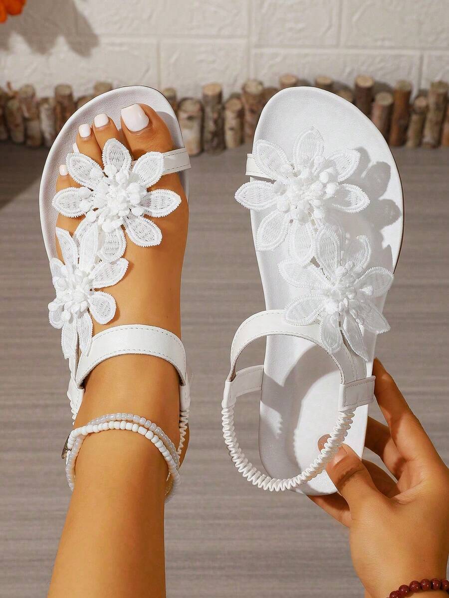 Zapatos elegantes con decoración floral para mujer, diseño lindo de punta abierta, sandalias de estilo cuento de hadas de verano para vacaciones. Talla pequeña, se recomienda una talla talla grande grande