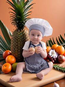 2pcs Newborn Photography Props, Includes Apron And Chef Hat, Kitchen Cooking Theme Photo Props For Baby Boys And Girls, Plaid Pattern Chef Outfit, Milestone Commemoration, Baby Party Gift - Multicolor - View 9