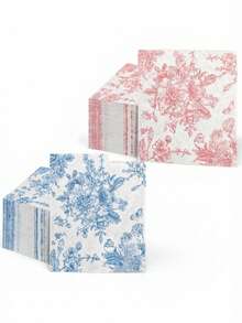 5/20/40pcs Blue & Pink Vintage Line Floral Pattern Disposable Napkins, French Style Hand-Drawn Botanical Print Cocktail Napkins, 13*13 Inch 2-Ply Thick, Suitable For Weddings, Birthday Parties, Afternoon Tea, Baby Showers And Party Table Decor - Multicolor - View 1
