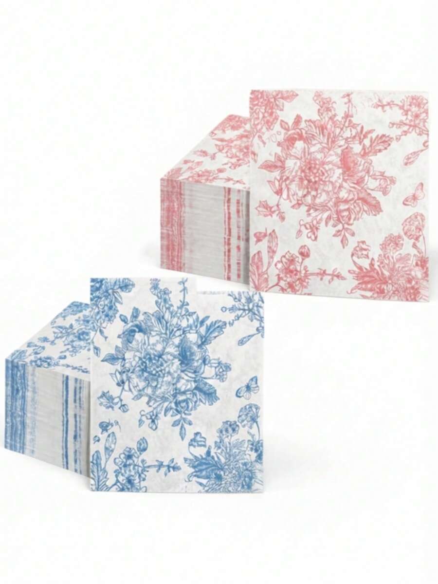 5/20/40pcs Blue & Pink Vintage Line Floral Pattern Disposable Napkins, French Style Hand-Drawn Botanical Print Cocktail Napkins, 13*13 Inch 2-Ply Thick, Suitable For Weddings, Birthday Parties, Afternoon Tea, Baby Showers And Party Table Decor - Multicolor - View 1