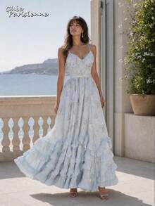 Blue Floral Chiffon V-Neck Backless Tiered A-Line Maxi Dress - 淺藍 - 查看 4