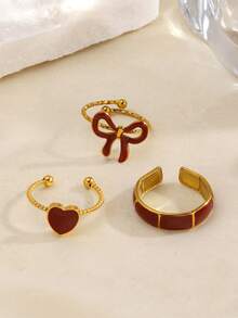 Set 3 buah cincin minimalis motif pita dan hati dari baja tahan karat, cocok untuk pemakaian sehari-hari wanita. - Burgundy - View 6