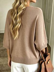 Women's Hollow Pattern Loose Round Neck Pullover Top - Khaki - View 2