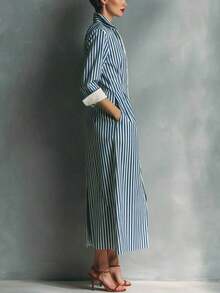 Autumn Casual Vacation Striped Colorblock Shirt Pocket Midi Dress Elegant - Blue - View 3