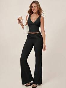 TimeOff 1 Set Women's Solid Color V-Neck Backless Removable Padded Camisole And Flared Leg Pants Sports Suit - Black - View 10