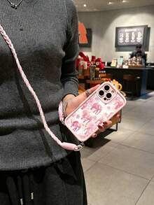 Elephant Painted Minimalist Grooved Pink Crossbody Adjustable Lanyard Phone Case Compatible With IPhone 17/17 Pro/17 Pro Max/16/15/XR/16 Pro Max/7P/8P/12 Pro Max/13 Pro Max/14 Pro Max/13/14/11/12/14/XS/S/XS Max/7/8/GES2 Cute Fashion Thick Soft Anti-Drop Protective Cover For Women - Multicolor - View 2