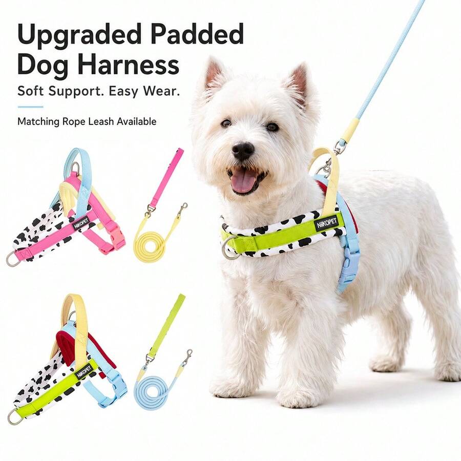 Cow Print Colorblock Saddle Pet Harness Set, Designed For Small Dogs, Wrap-Around Pressure-Relieving No-Restriction Walking, Integrated Anti-Pull Handle Neck Protection Non-Injurious, Thick Skin-Friendly Lining Comfortable For Long Wear, Reinforced Wear-Resistant POM Strong Buckle, Matching Same-Color Leash, Pink And Green Dual-Color Options Suitable For Various Small Cute Dogs Outdoor Leash Equipment - Green - View 1
