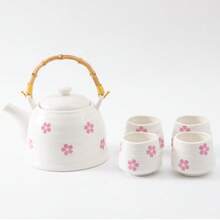 1 Set Cute Pink Heart Pattern Ceramic Tea Set, Vintage Wavy Porcelain Teaware, Includes Bamboo Woven Handle Teapot And 4 Striped Teacups, Portable Afternoon Tea Drinkware Set, Suitable For Home Kitchen, Wedding, Valentine's Day Gift - Multicolor - View 15