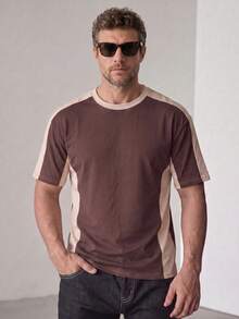 Summer New Men's Brown & Apricot Color Block Short Sleeve T-Shirt, Casual Versatile All-Match Round Neck Contrast Color Retro Top - Brown - View 2