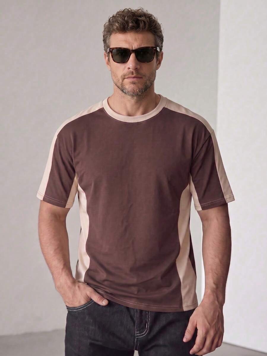 Summer New Men's Brown & Apricot Color Block Short Sleeve T-Shirt, Casual Versatile All-Match Round Neck Contrast Color Retro Top