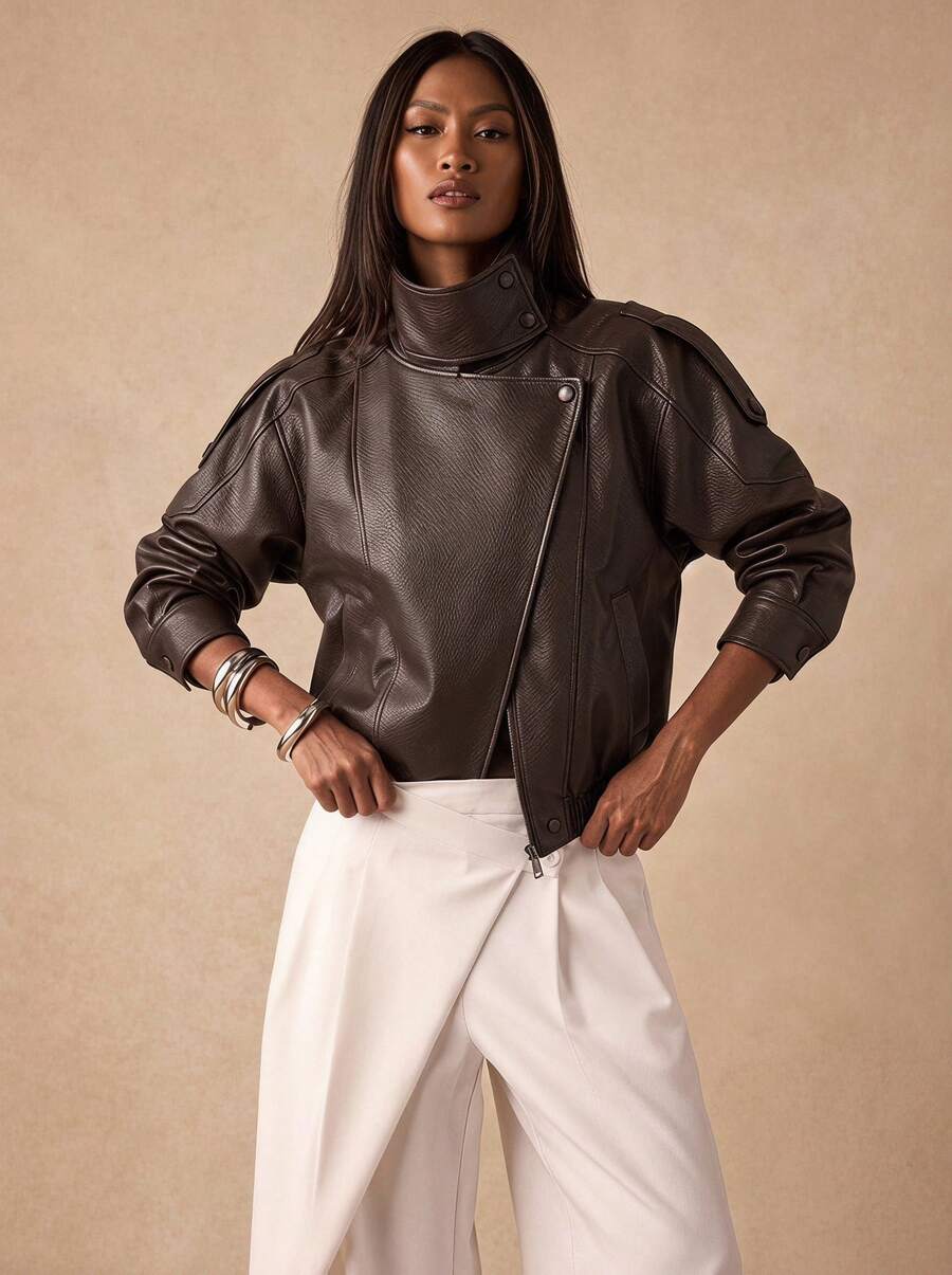 Women's Loose Faux Leather Casual Long Sleeve Stand Collar Jacket Brown - Brown - View 1