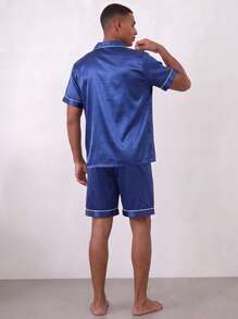Snug League Conjunto de pijama de satén para hombre de 2 piezas, incluye pantalones cortos, chaqueta de dormir de seda, top cárdigan de manga corta con botones - Azul - Ver 6