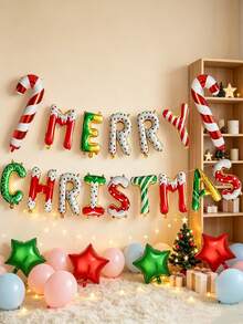 1 Set Merry Christmas Balloons, Red & Green Star Balloons, Spiral Candy Pattern Foil Balloons, Suitable For Christmas Party Decoration - Multicolor - View 8
