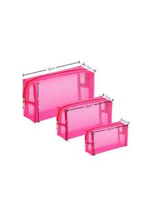 3pcs Pink Transparent Mesh Makeup Bag Set - Small Lipstick Storage Bag, Medium Portable Toiletry Bag, Convenient Makeup Organizer, Suitable For Outdoor Travel - Multicolor - View 3