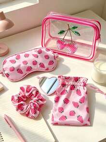 Cute Strawberry Print Travel Beauty Accessories,Eye Mask + Hair Scrunchie + Drawstring Pouch + Clear Makeup Bag + Heart Mini Mirror,Women Portable Travel Beauty Accessories Set,Beauty Products,Souvenir, For Travel,Back-To-School,Gifting,Home Use - Multicolor - View 2