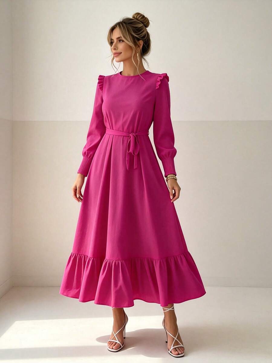 Joyfunear Gaun Maxi Wanita Warna Polos, Leher Bulat, Lengan Panjang, dan Hem Berkerut, Elegan dan Modis untuk Musim Semi/Panas - Hot Pink - View 1