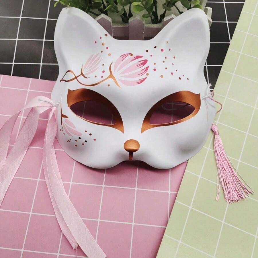 Matching Cat & Fox Face Masks, Japanese Half-Painted Fox Mask And Cat Pattern Large Roleplay Mask, Theme Party And Celebration Decoration Props,Halloween - Multicolor - View 1