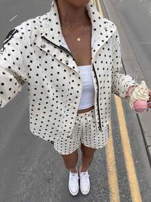 Women's Polka Dot Stand Collar Long Sleeve Jacket, And Shorts Casual Daily 2 Pieces Set,Autumn Outfit,Gym Set,Sport,Yoga - Multicolor - View 2