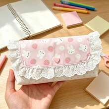 Back To School Supplies Cute Pink Storage Bag, Compact Multi-Functional Organizer Bag With Flap. Perfect For Storing Coins, Cards, Notes, Pens And Small Items. Soft Fabric With Delicate Lace Trim, Ideal For School, Office Organization, Travel, Learning Supplies, Premium Color - Pink Pencil Case - View 5