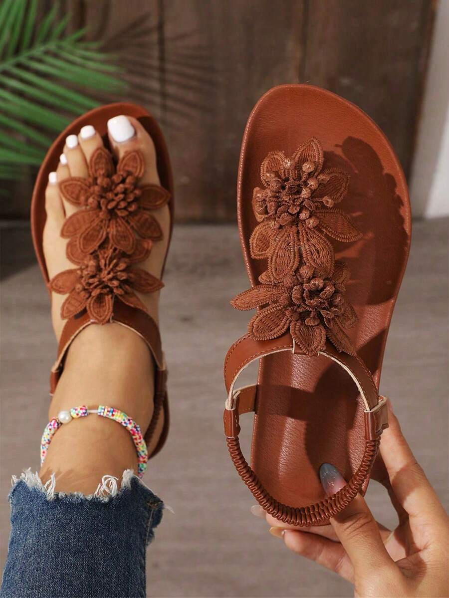 女款優雅花卉裝飾鞋，可愛露趾設計，夏季童話風度假涼鞋，尺寸偏小，建議大一號