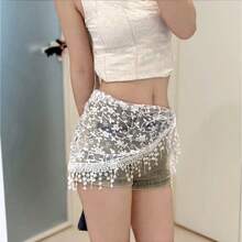 1pc New French Hollow Lace Layered Waist Scarf With Triangle Hem, Tassel Waist Accessory For Dancing And Street Dance - Multicolor - View 3