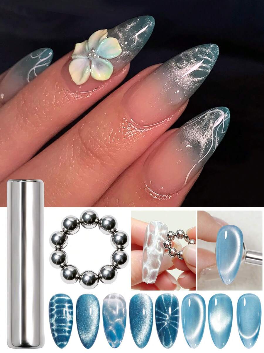 2件組貓眼美甲磁鐵套組，可拆卸圓柱棒與球形珠磁鐵，可打造水波紋、雪花貓眼美甲，專業DIY沙龍美甲工具，適合美甲初學者
