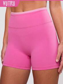 VUTRU 1Pc Color Block Waistband Tight Sports Shorts High Waist 3/4 Length Running Fitness Pink - Pink - View 6