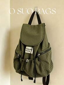 Large Capacity Fashionable Plaid Multi-Pocket Nylon Casual Backpack, Waterproof Lightweight Foldable Drawstring Patch Letter Travel Bag, Summer - Green - View 2