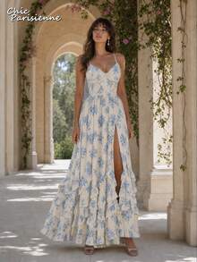 Blue White Floral Chiffon V Neck Backless Tiered A Line Maxi Dress - 藍白色 - 查看 9