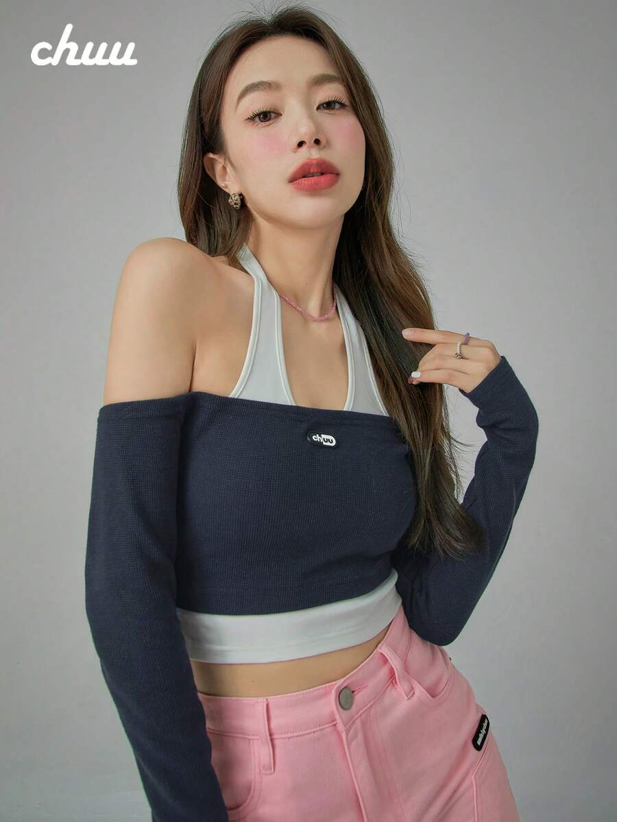 CHUU Sweet & Spicy 女款假兩件式長袖 T-shirt,秋季露肩短版上衣,獨特設計 - 藏蓝色 - 查看 1