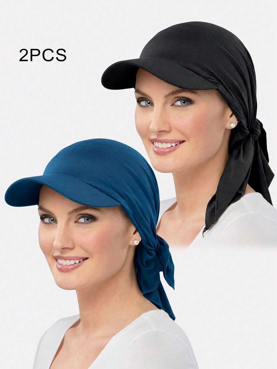 2 piezas Gorras de béisbol con visera de pico de pato para mujer con lazos y cintas, sombreros para el sol para uso diario - negro/azul agujero - Ver 1