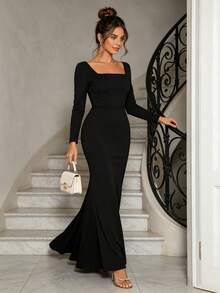 Joyfunear Gaun Formal Wanita Warna Polos Leher Persegi Model Duyung Pas Badan Warna Hitam Elegan - Hitam - View 3