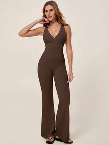 TimeOff 1 Conjunto de Mujer de unicolor con Camiseta sin Espalda con Cuello en V Desmontable con Acolchado y Pantalones Acampanados para Deporte - Marrón - Ver 8